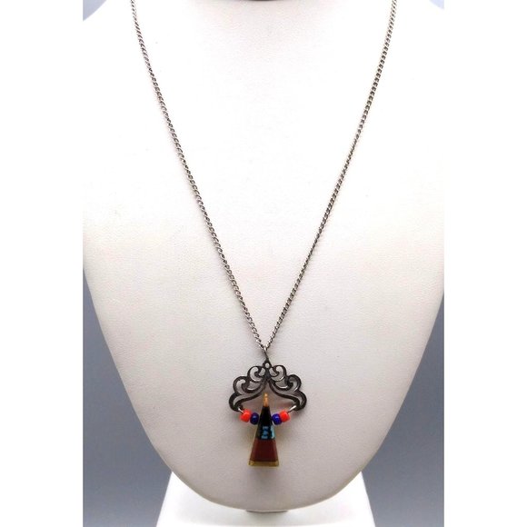 Vintage Stone Inlay Pendant with Jasper Base Sterling Silver Filigree Openwork - Picture 1 of 6